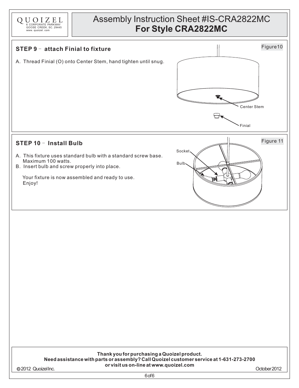 Quoizel CRA2822MC Cloverdale User Manual | Page 6 / 6