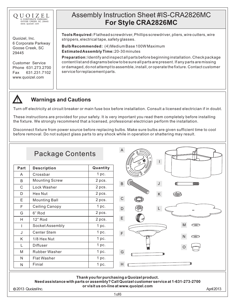 Quoizel CRA2826MC Cloverdale User Manual | 6 pages