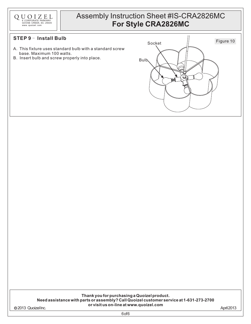 Quoizel CRA2826MC Cloverdale User Manual | Page 6 / 6