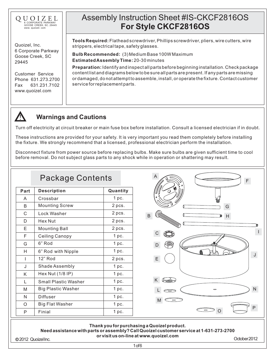 Quoizel CKCF2816OS Confetti User Manual | 6 pages