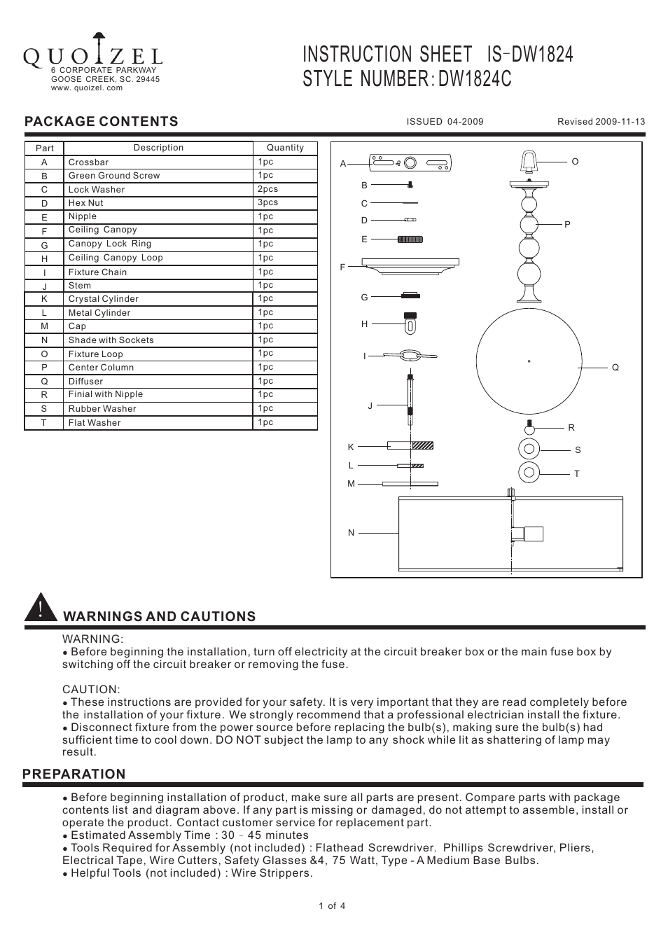 Quoizel DW1824C Downtown User Manual | 4 pages