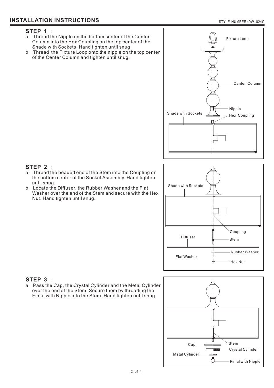 Installation instructions, Step 1, Step 2 | Step 3 | Quoizel DW1824C Downtown User Manual | Page 2 / 4