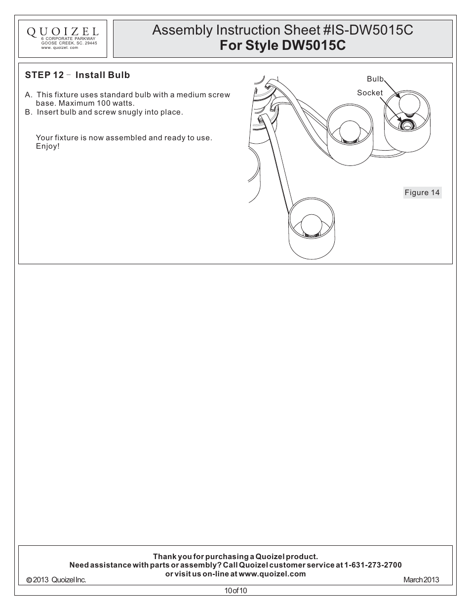 Quoizel DW5015C Downtown User Manual | Page 10 / 10