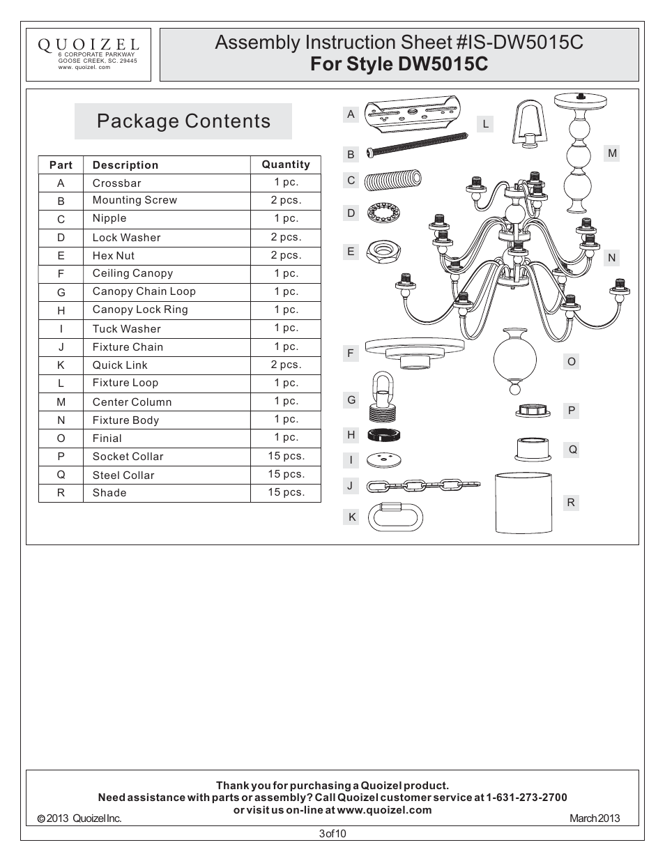 Package contents | Quoizel DW5015C Downtown User Manual | Page 3 / 10