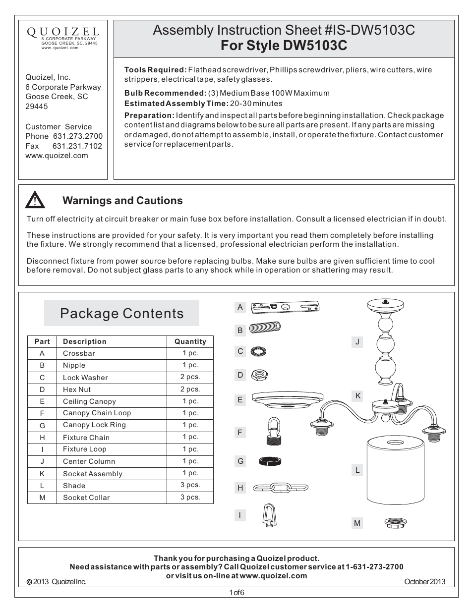 Quoizel DW5103C Downtown User Manual | 6 pages