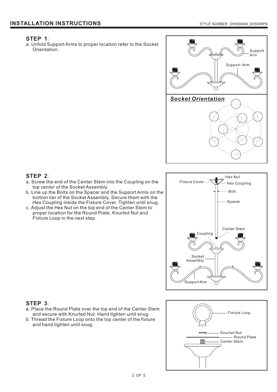 Installation instructions, Step 1, Step 2 | Socket orientation, Step 3 | Quoizel DH5009AN Duchess User Manual | Page 2 / 5