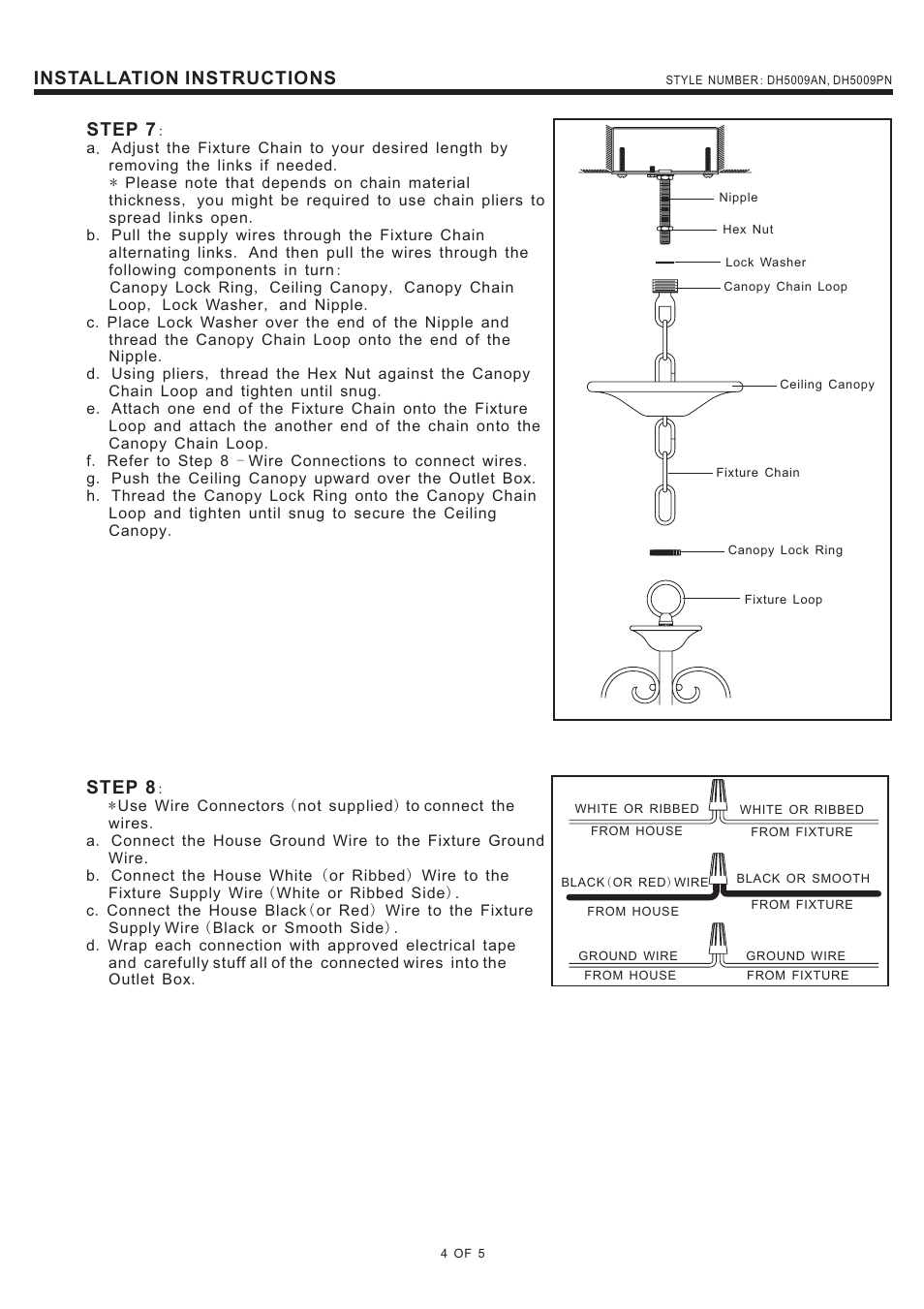 Installation instructions, Step 7, Step 8 | Quoizel DH5009AN Duchess User Manual | Page 4 / 5