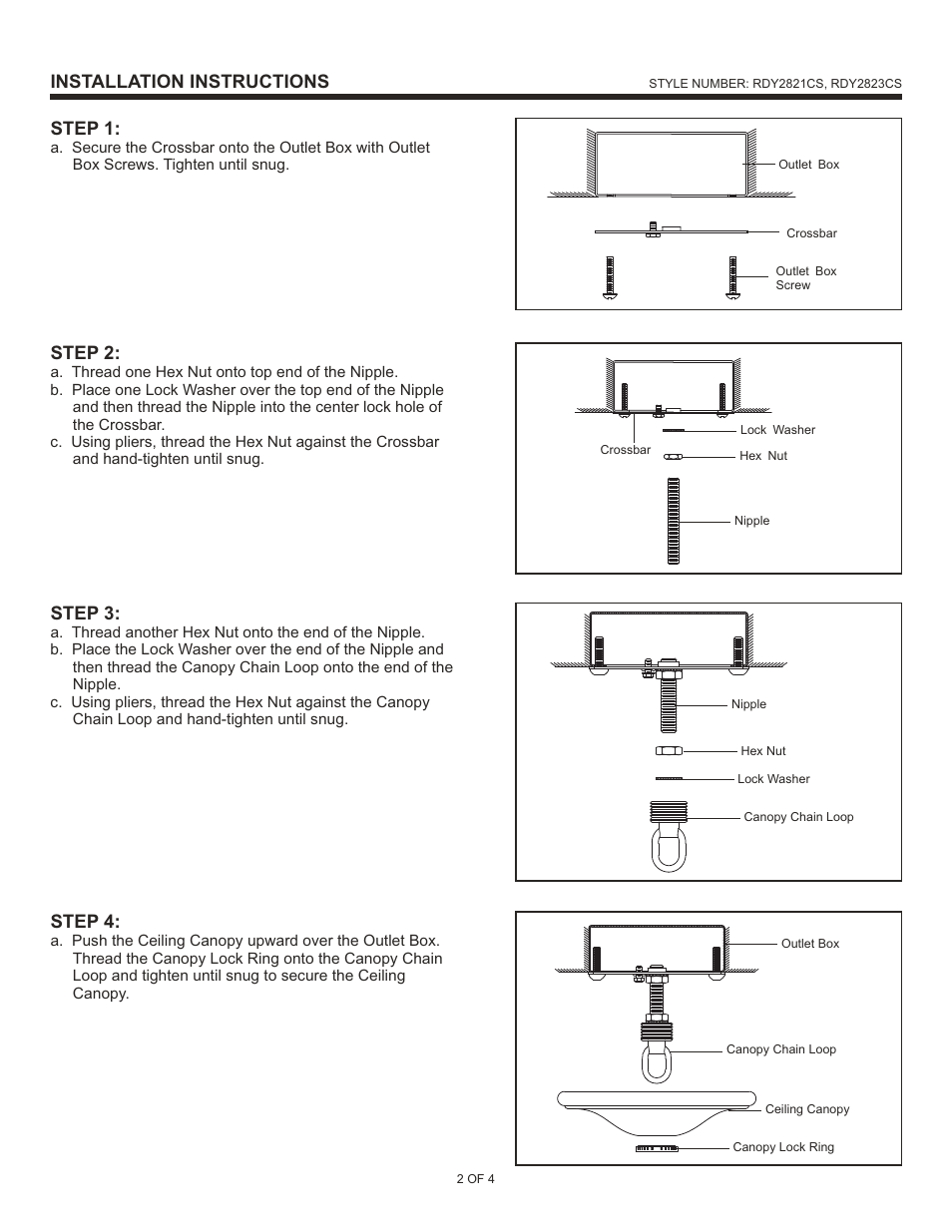 Installation instructions step 1, Step 2, Step 3 | Step 4 | Quoizel RDY2823CS Dury User Manual | Page 2 / 4