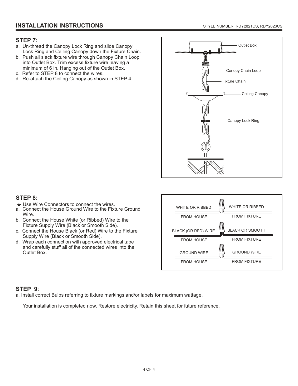 Installation instructions, Step 7, Step 8 | Step 9 | Quoizel RDY2823CS Dury User Manual | Page 4 / 4