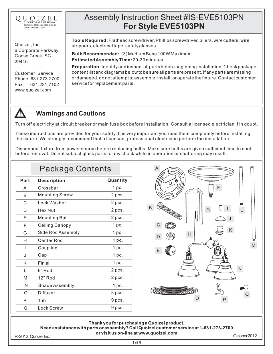 Quoizel EVE5103PN Eastvale User Manual | 6 pages