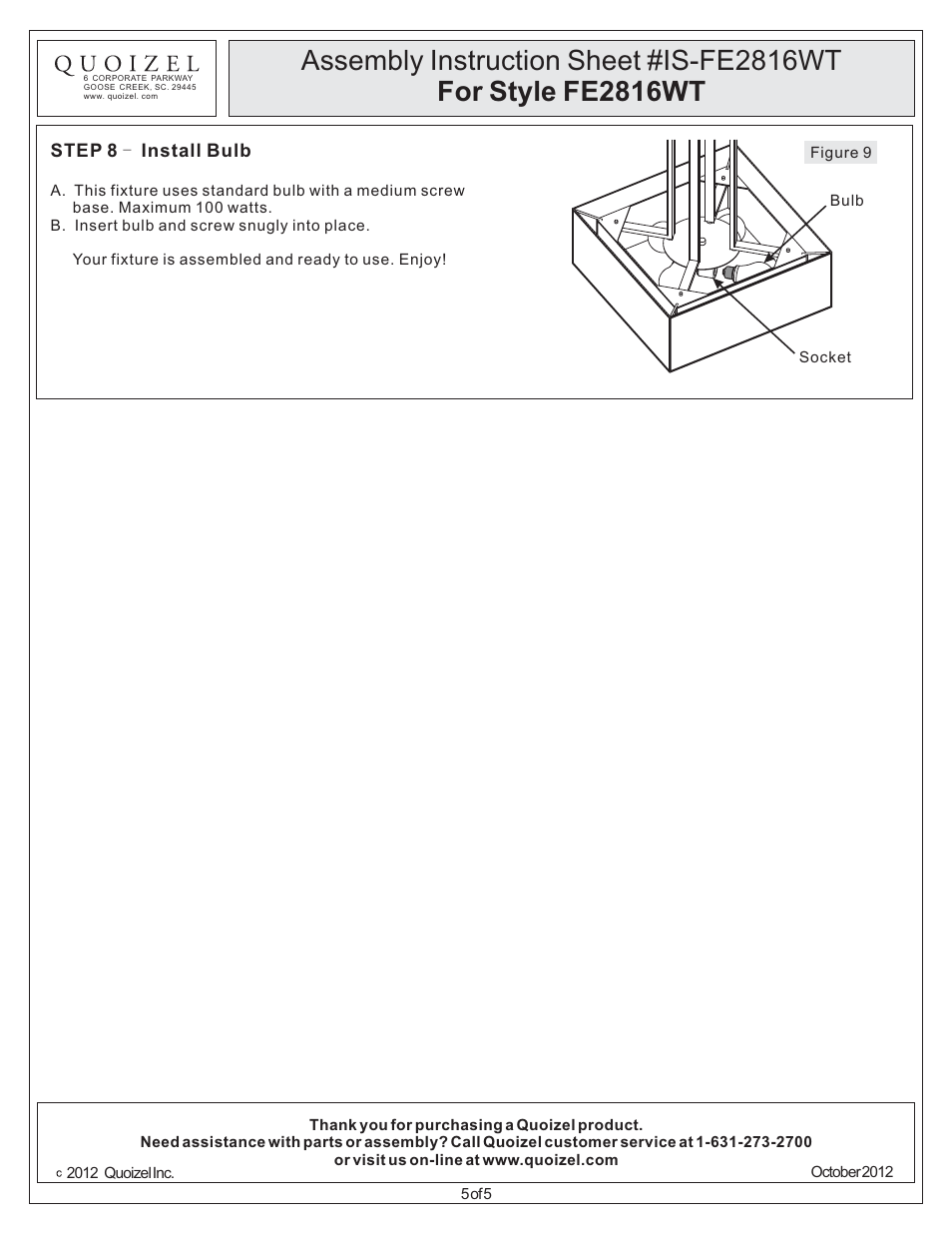 Quoizel FE2816WT Ferndale User Manual | Page 6 / 6