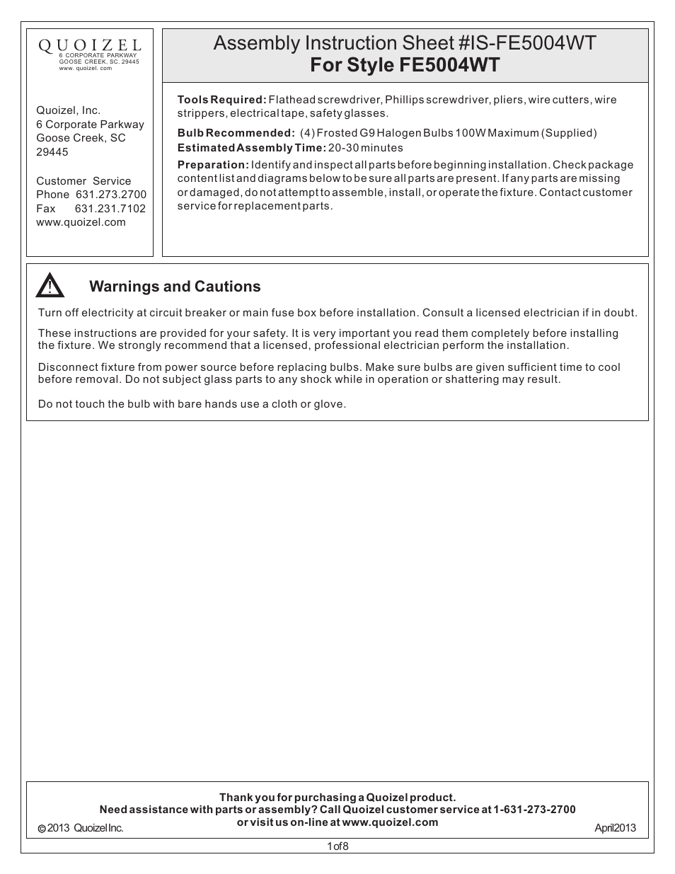 Quoizel FE5004WT Ferndale User Manual | 8 pages