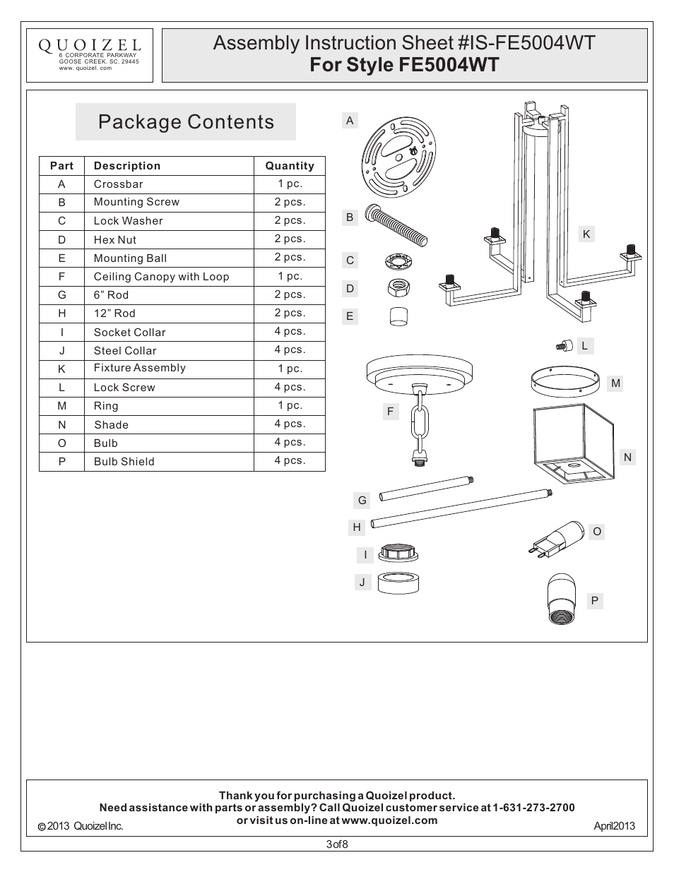 Package contents | Quoizel FE5004WT Ferndale User Manual | Page 3 / 8