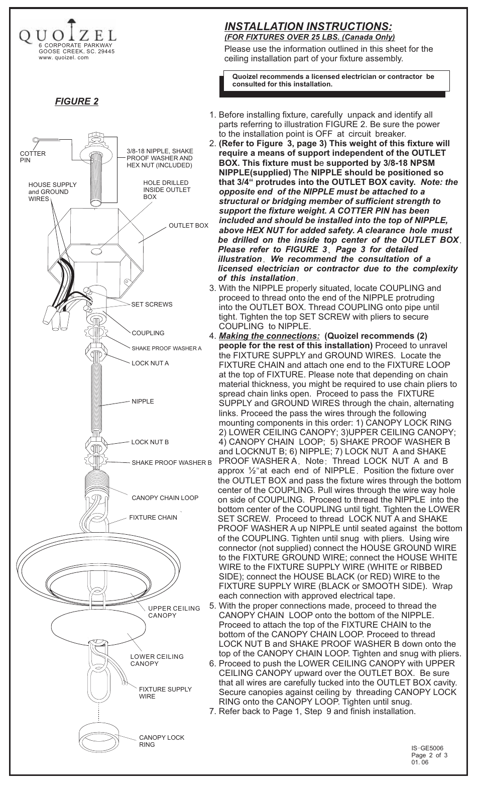 Installation instructions | Quoizel GE5006SE Genova User Manual | Page 2 / 3