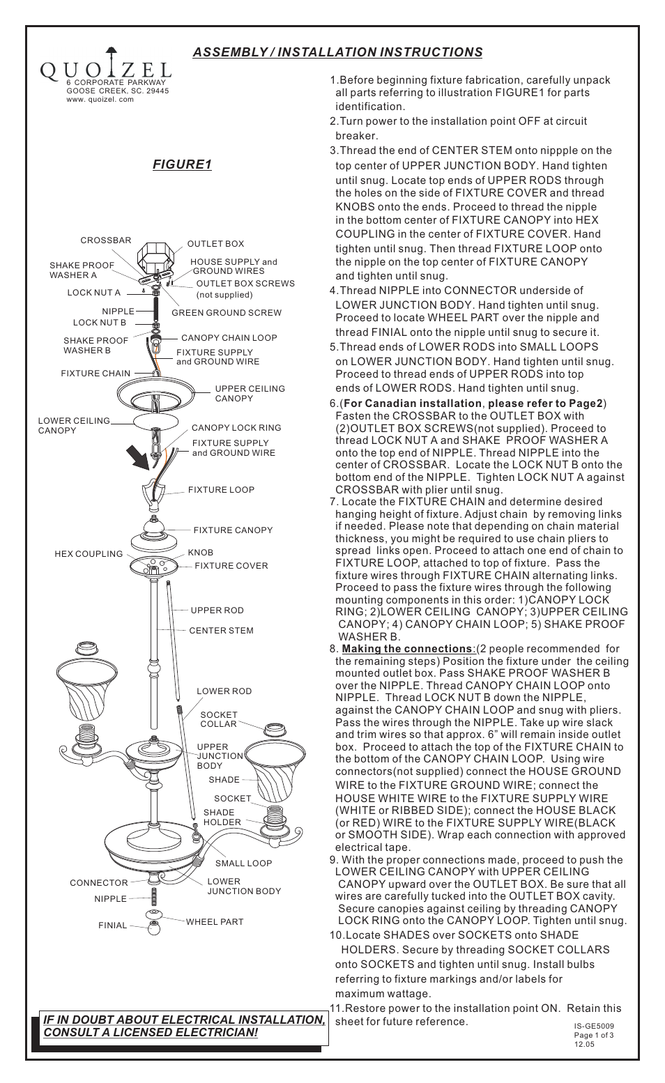 Quoizel GE5009SE Genova User Manual | 3 pages