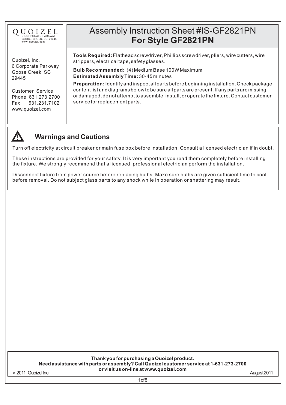 Quoizel GF2821PN Griffin User Manual | 8 pages