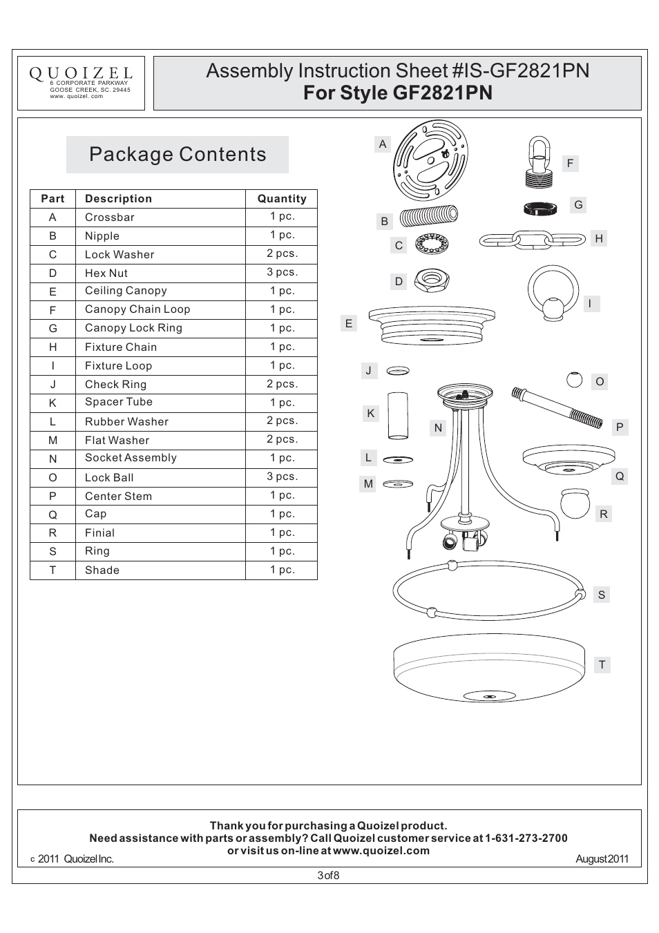 Package contents | Quoizel GF2821PN Griffin User Manual | Page 3 / 8