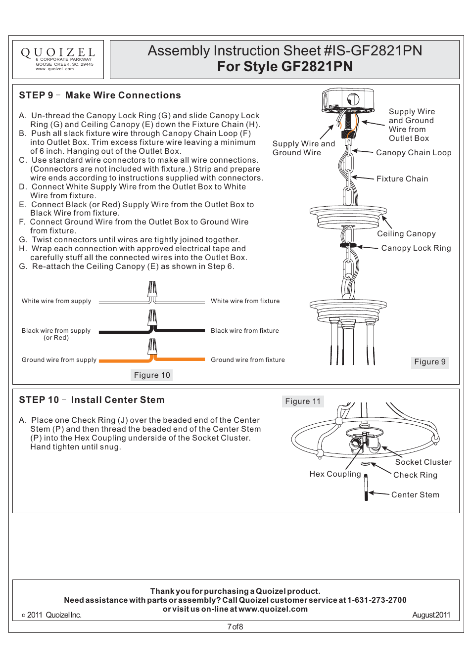 Step 9 - make wire connections, Step 10 install center stem | Quoizel GF2821PN Griffin User Manual | Page 7 / 8