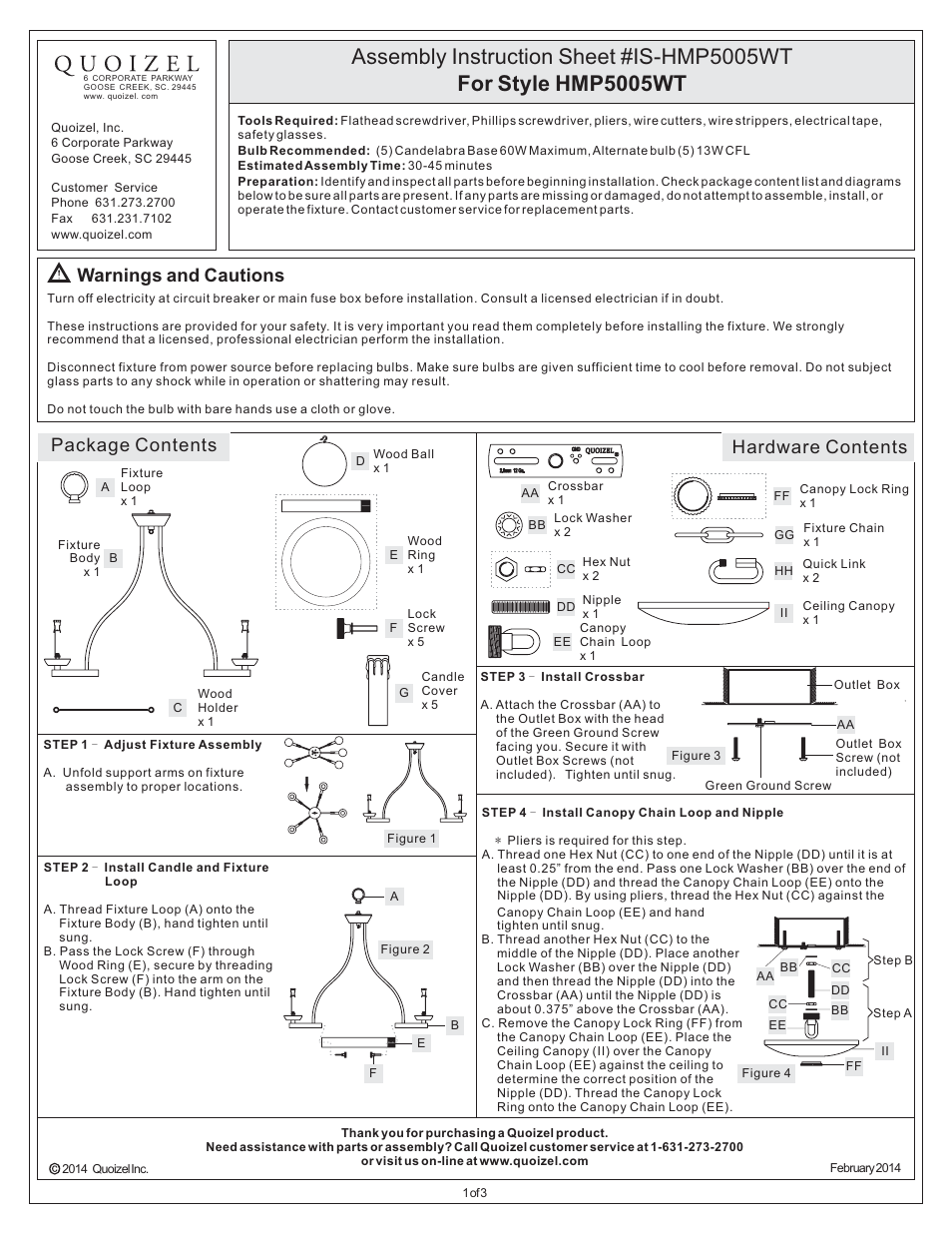 Quoizel HMP5005WT Hampshire User Manual | 3 pages