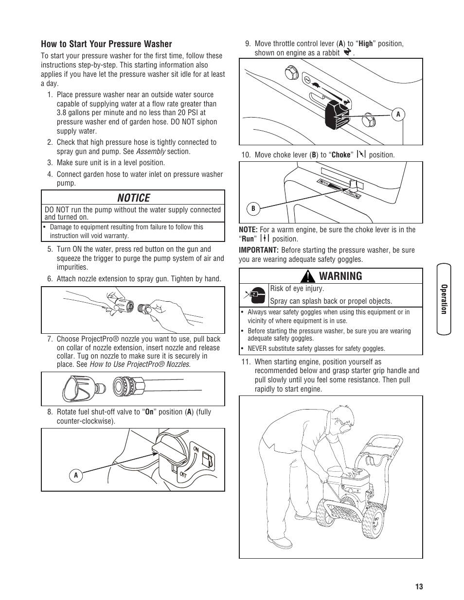 How to start your pressure washer, Notice, Warning | Briggs & Stratton Pressure Washer Manufacture Association User Manual | Page 13 / 56