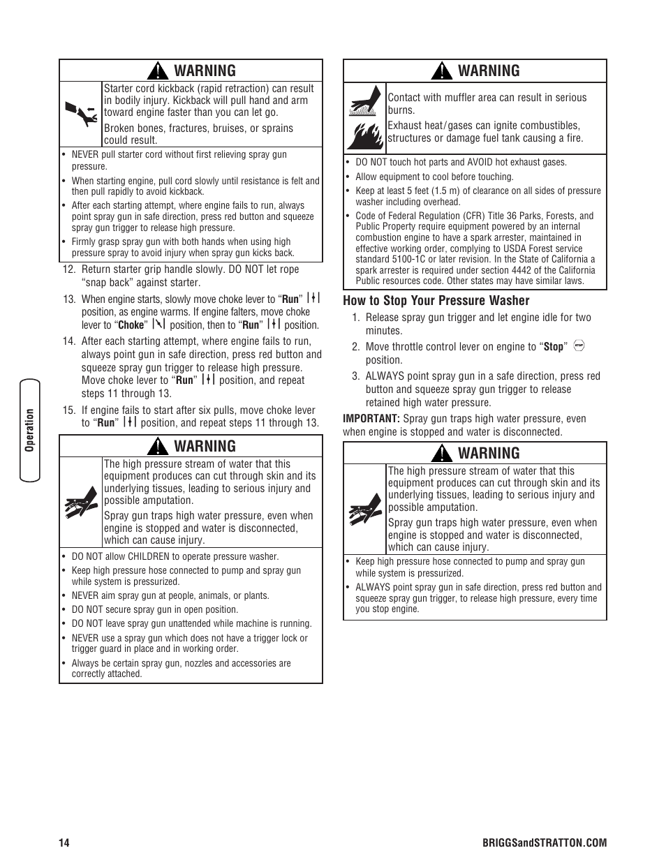 How to stop your pressure washer, Warning | Briggs & Stratton Pressure Washer Manufacture Association User Manual | Page 14 / 56