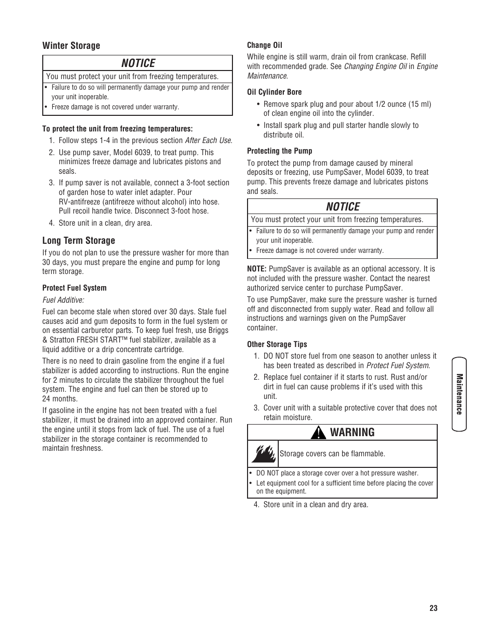 Winter storage long term storage, Notice, Warning | Briggs & Stratton Pressure Washer Manufacture Association User Manual | Page 23 / 56