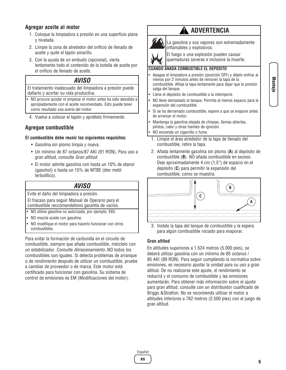 Aviso, Advertencia | Briggs & Stratton Pressure Washer Manufacture Association User Manual | Page 37 / 56