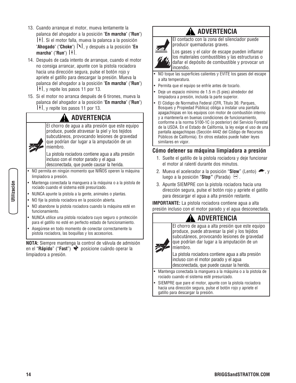 Advertencia | Briggs & Stratton Pressure Washer Manufacture Association User Manual | Page 42 / 56