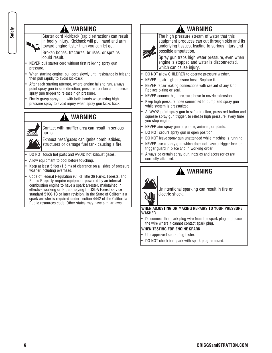 Warning | Briggs & Stratton Pressure Washer Manufacture Association User Manual | Page 6 / 56