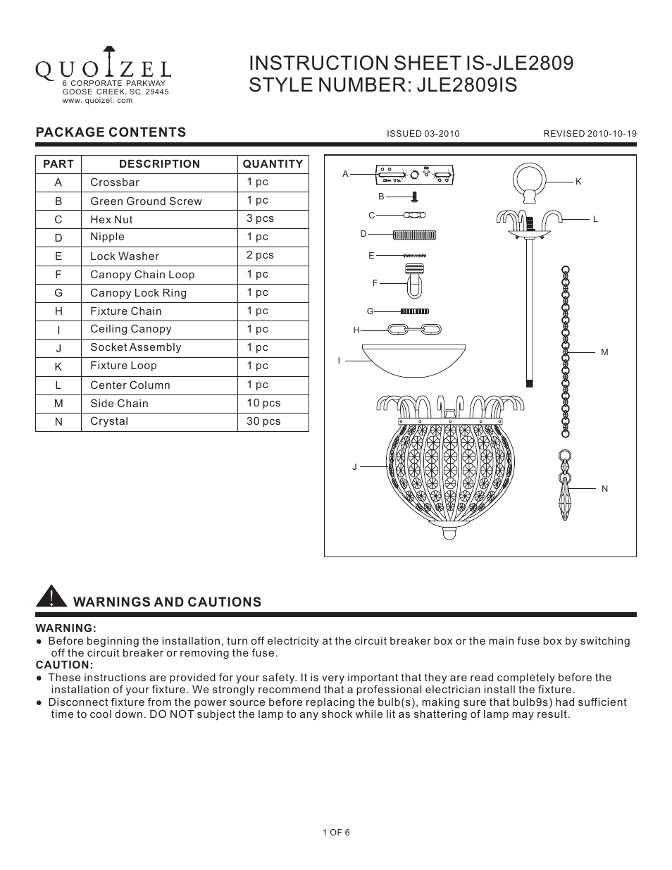Quoizel JLE2809IS Jolene User Manual | 6 pages
