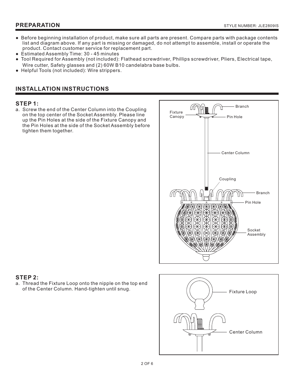 Preparation, Installation instructions step 1, Step 2 | Quoizel JLE2809IS Jolene User Manual | Page 2 / 6
