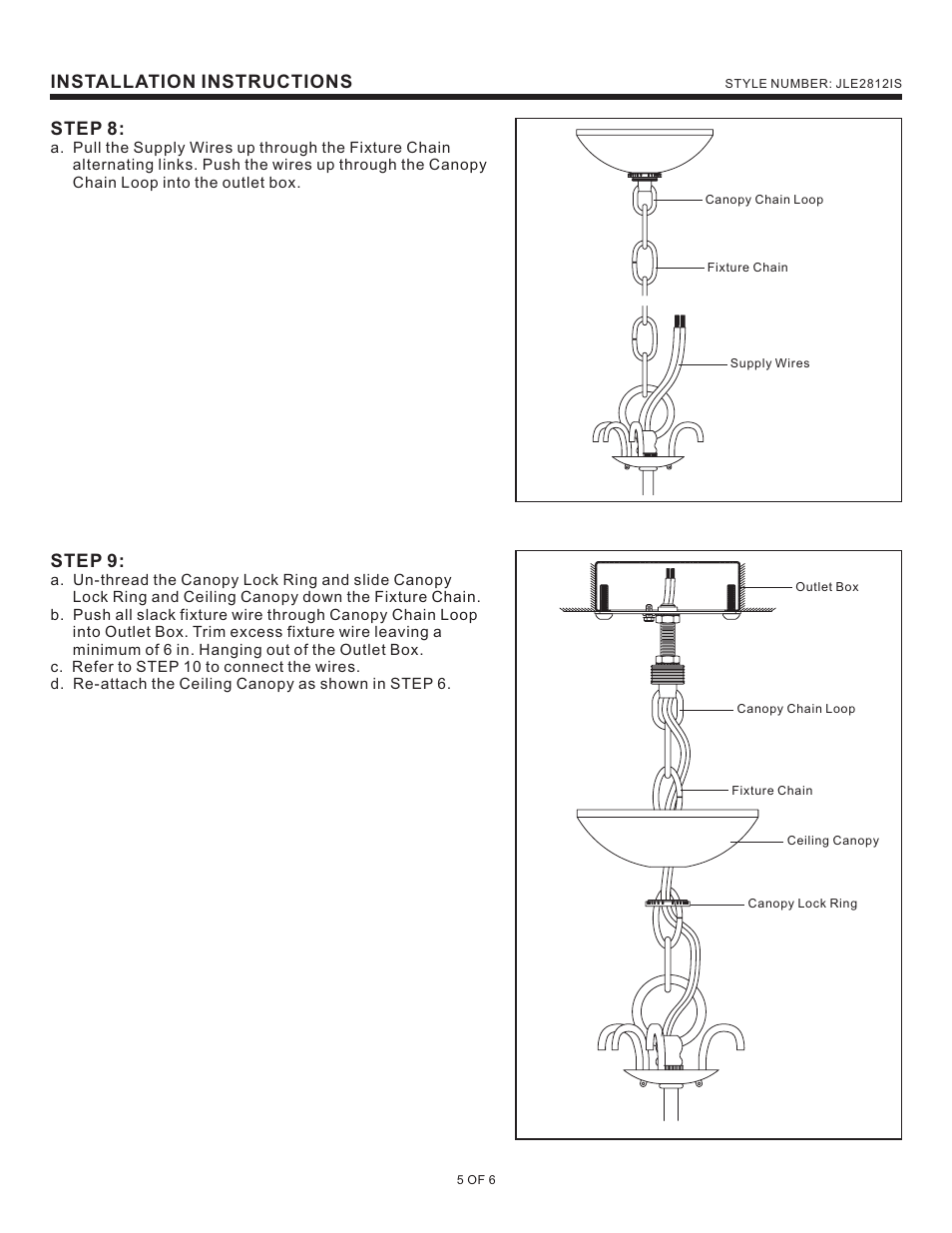 Installation instructions, Step 8, Step 9 | Quoizel JLE2812IS Jolene User Manual | Page 5 / 6