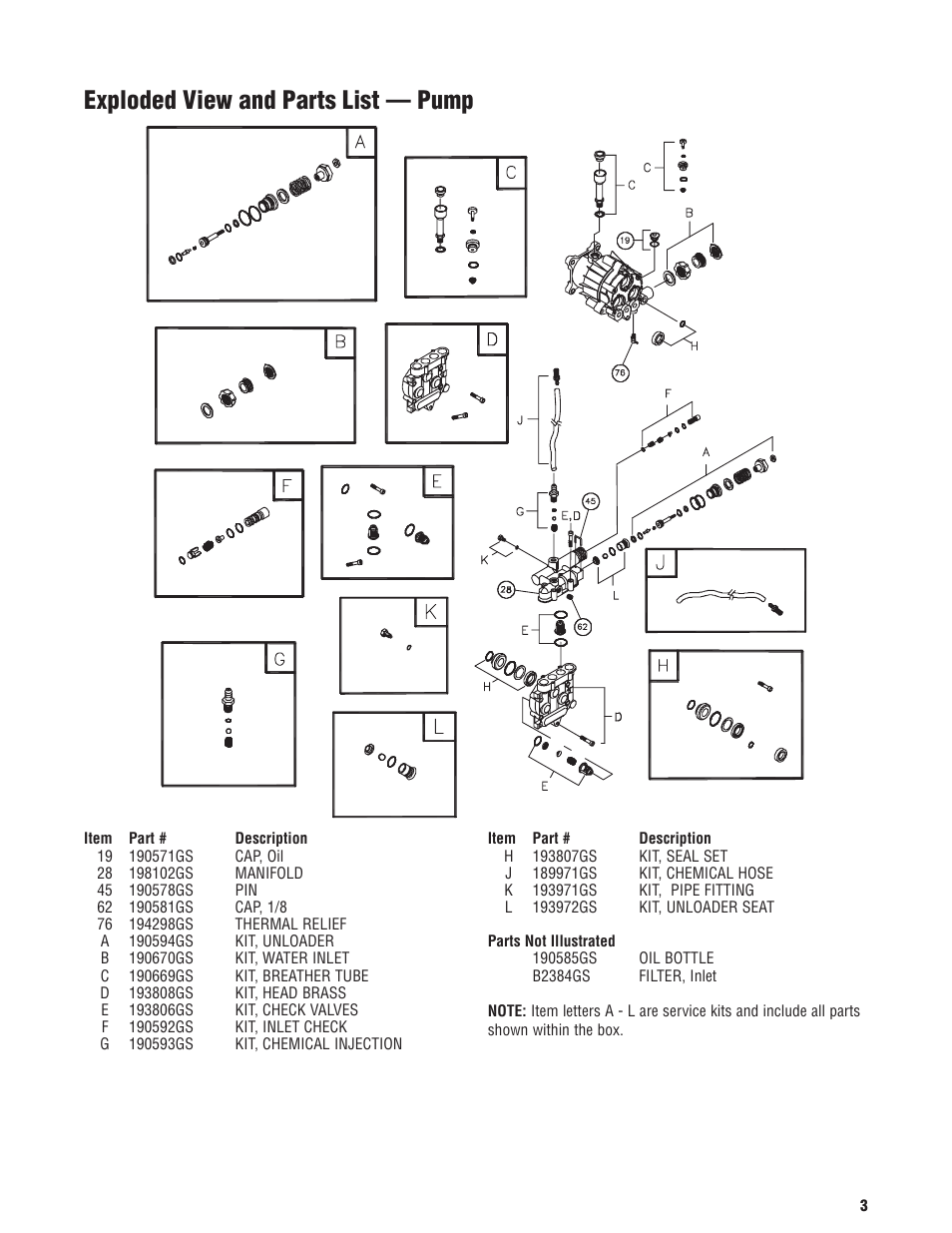Exploded view and parts list — pump | Briggs & Stratton 020274-02 User Manual | Page 3 / 3
