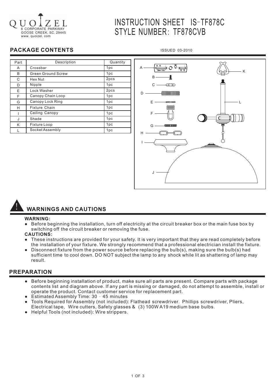 Quoizel TF878CVB Kami User Manual | 3 pages