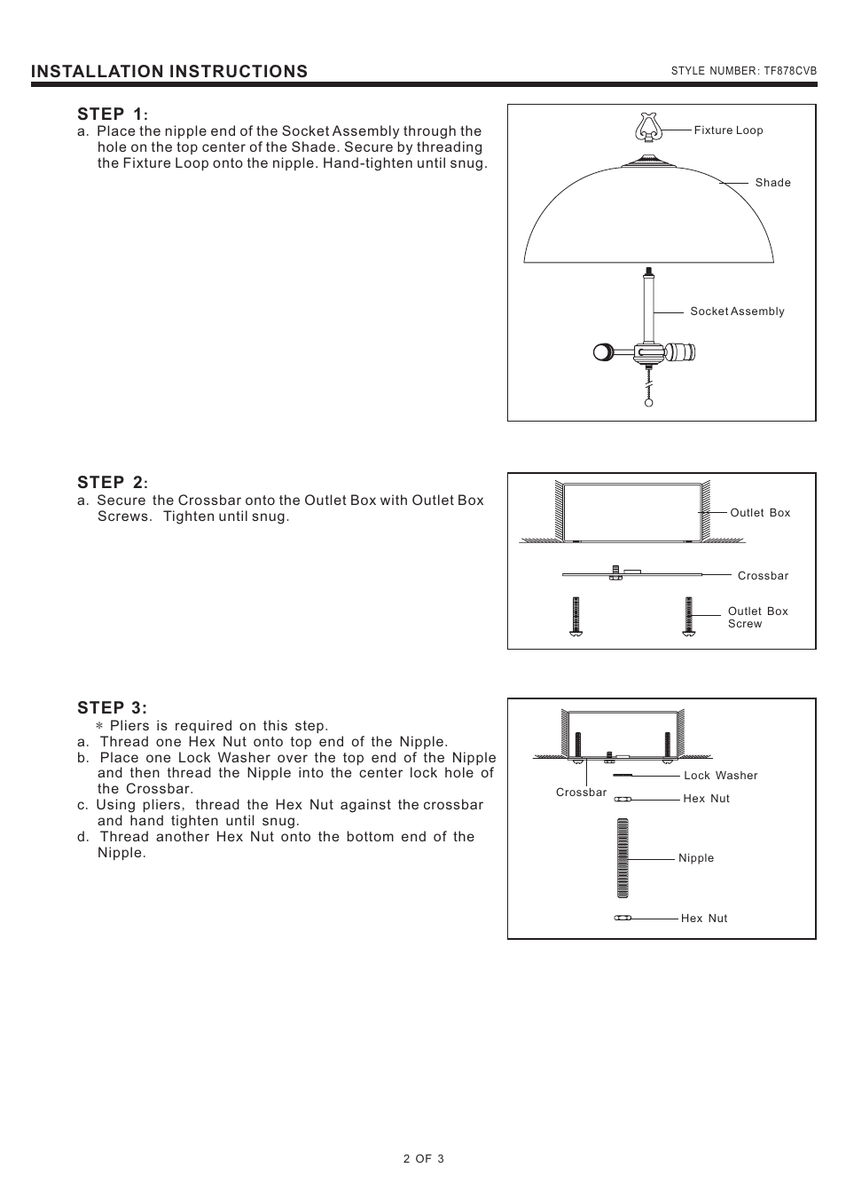 Installation instructions, Step 1, Step 2 | Step 3 | Quoizel TF878CVB Kami User Manual | Page 2 / 3