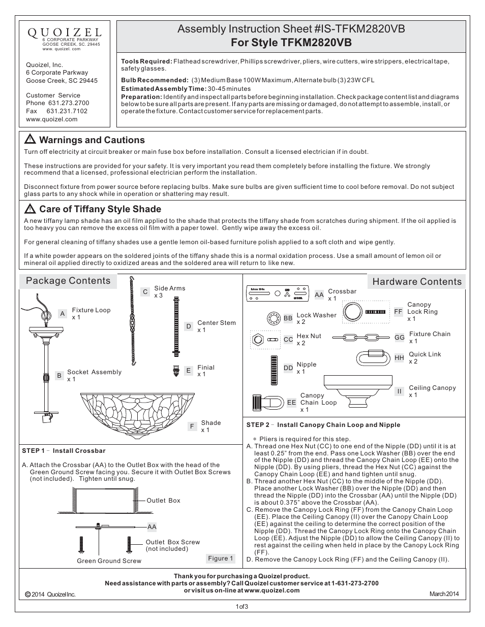 Quoizel TFKM2820VB Kami User Manual | 3 pages