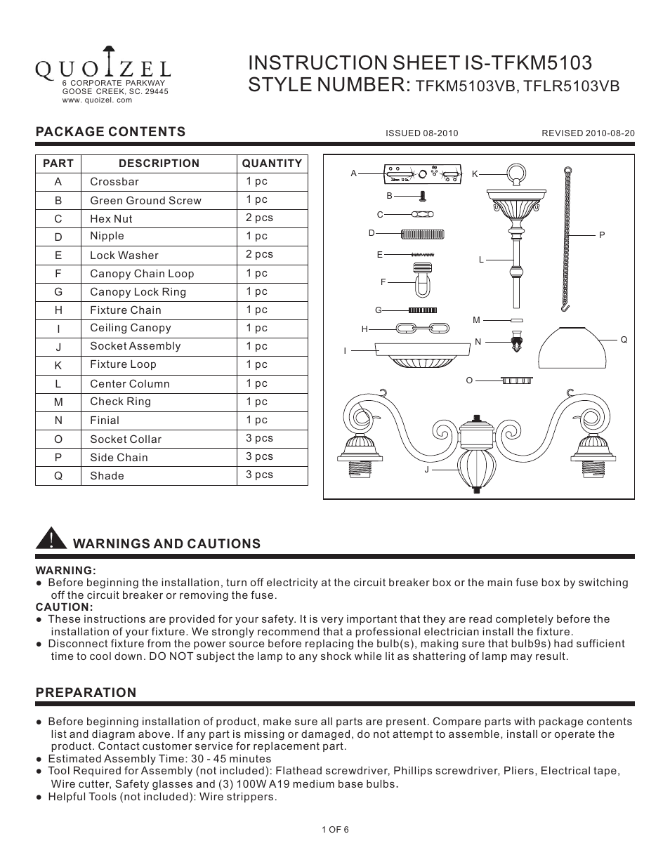 Quoizel TFLR5103VB Larissa User Manual | 6 pages