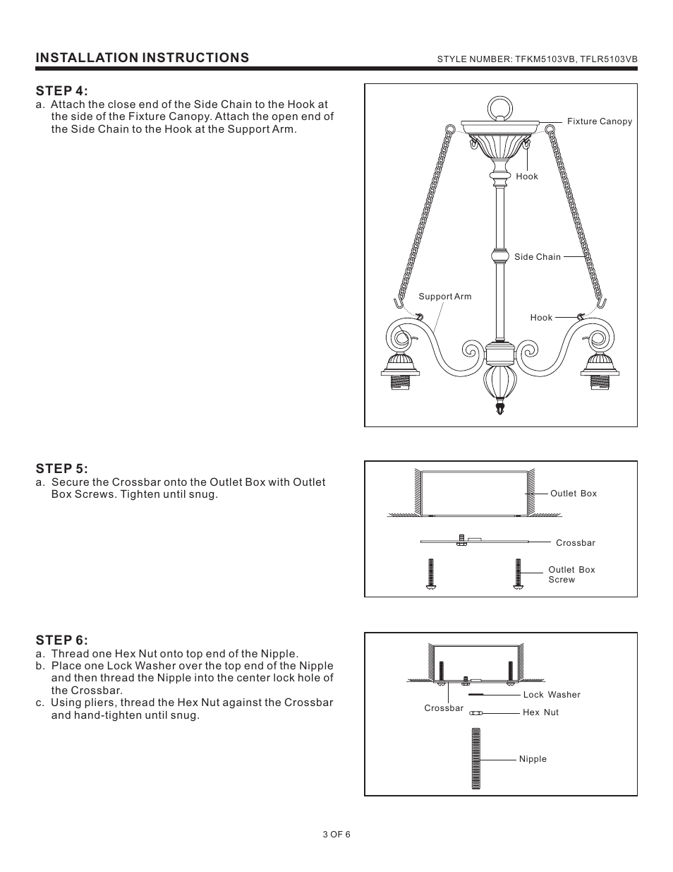 Installation instructions, Step 4, Step 5 | Step 6 | Quoizel TFLR5103VB Larissa User Manual | Page 3 / 6