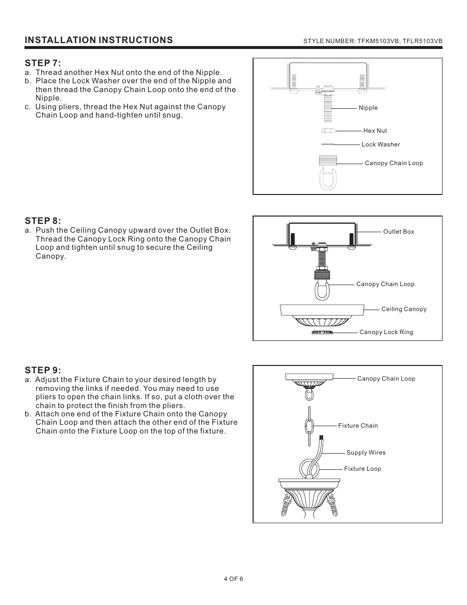 Installation instructions, Step 7, Step 8 | Step 9 | Quoizel TFLR5103VB Larissa User Manual | Page 4 / 6
