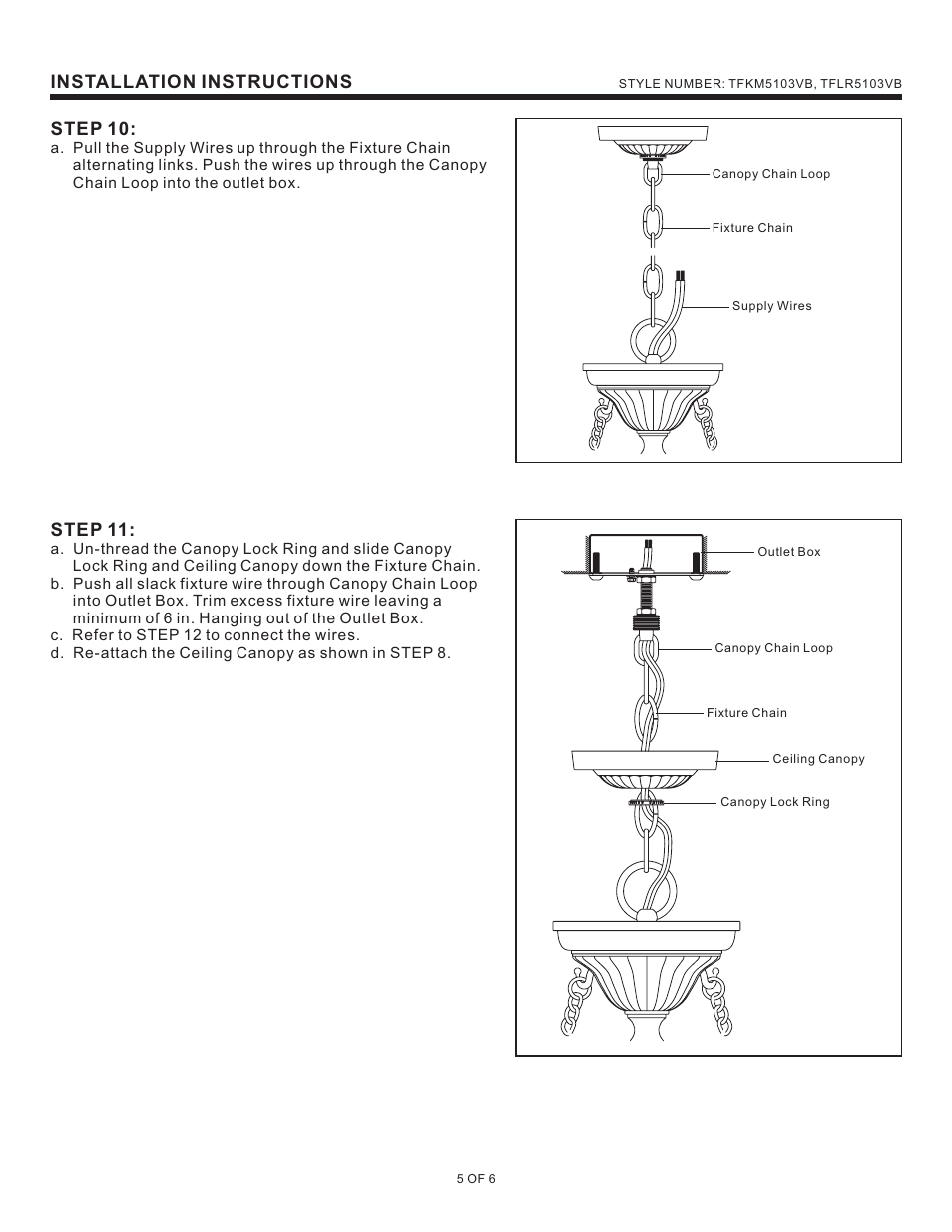 Installation instructions, Step 10, Step 11 | Quoizel TFLR5103VB Larissa User Manual | Page 5 / 6