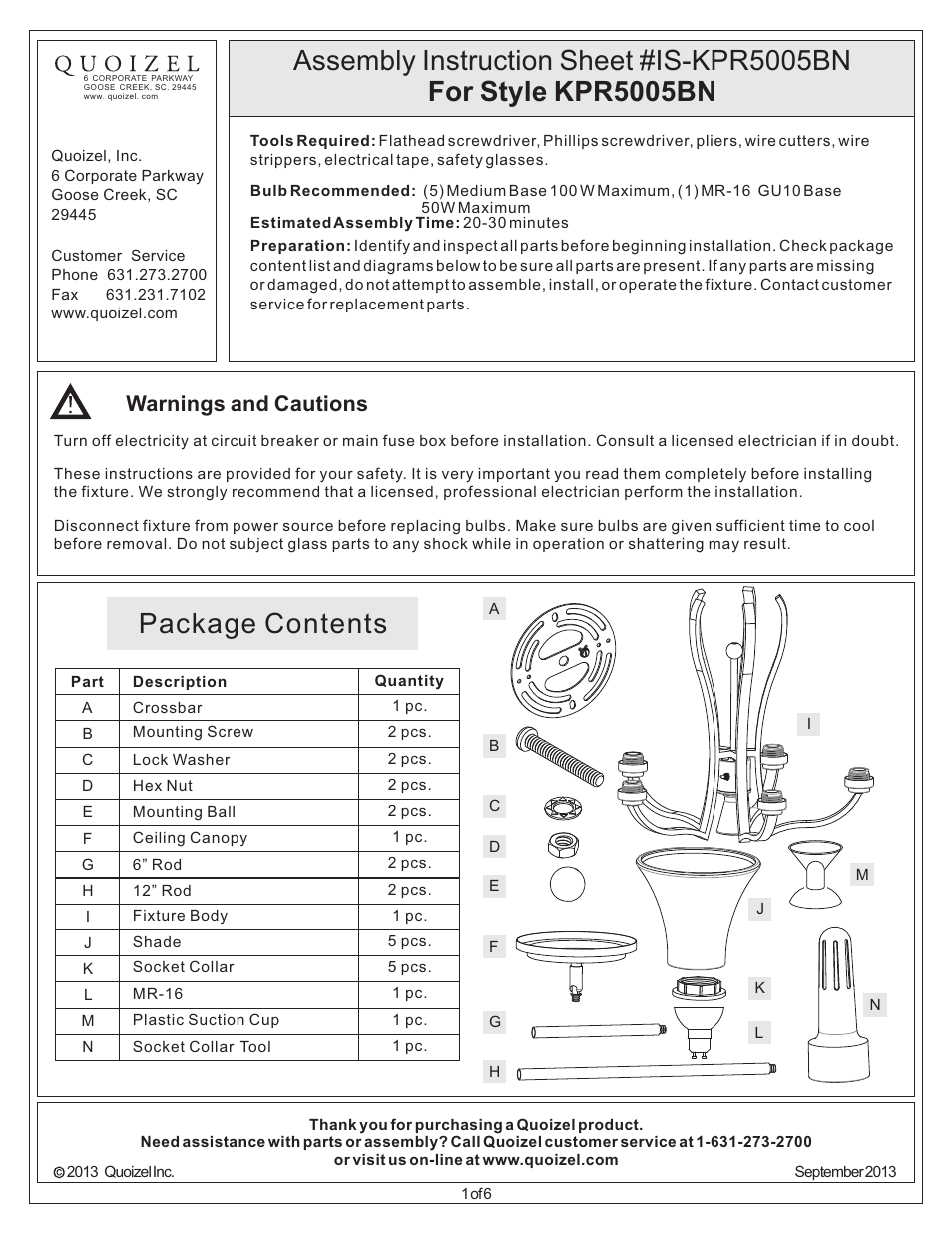 Quoizel KPR5005BN Kemper User Manual | 6 pages