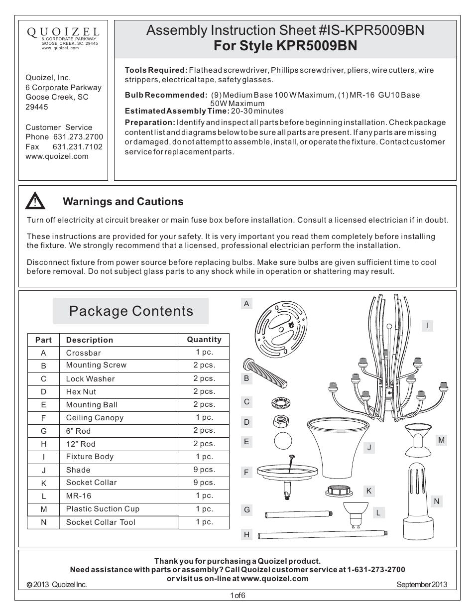 Quoizel KPR5009BN Kemper User Manual | 6 pages