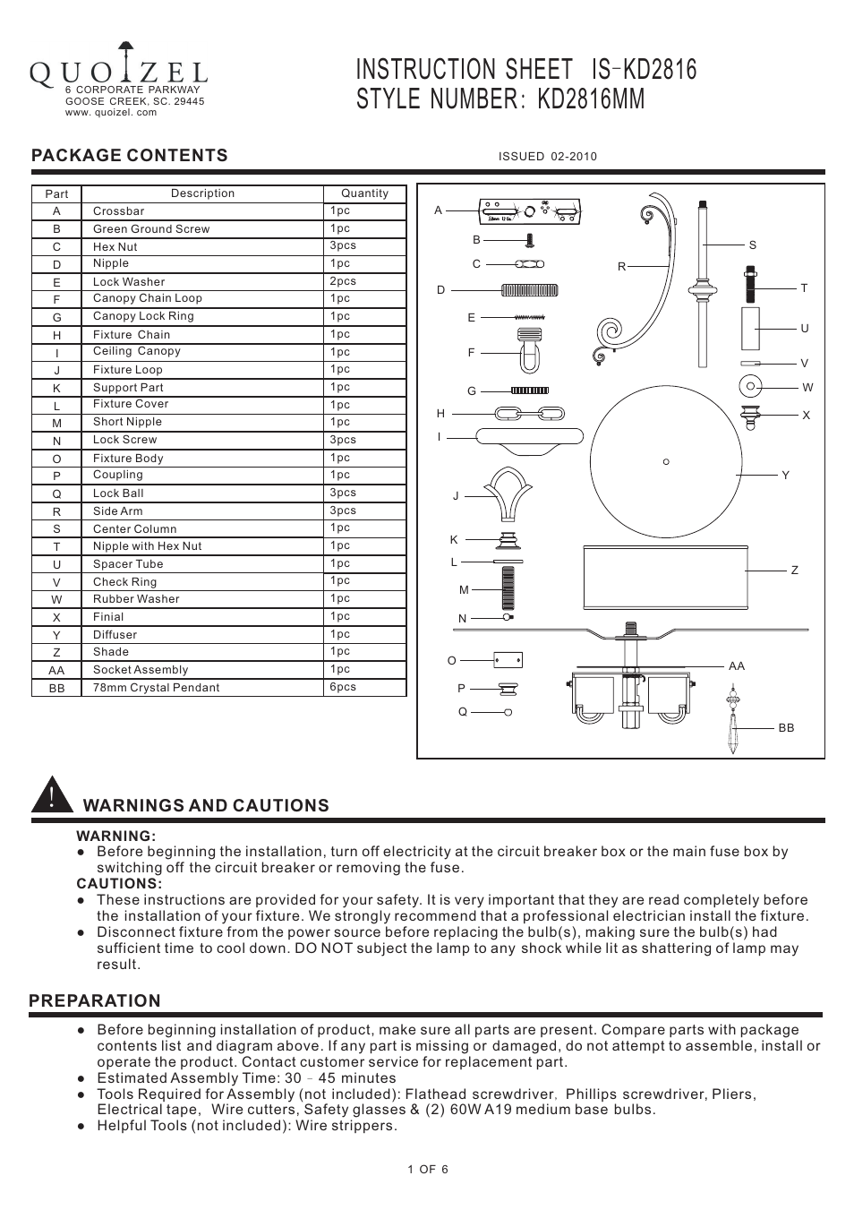 Quoizel KD2816MM Kendra User Manual | 6 pages