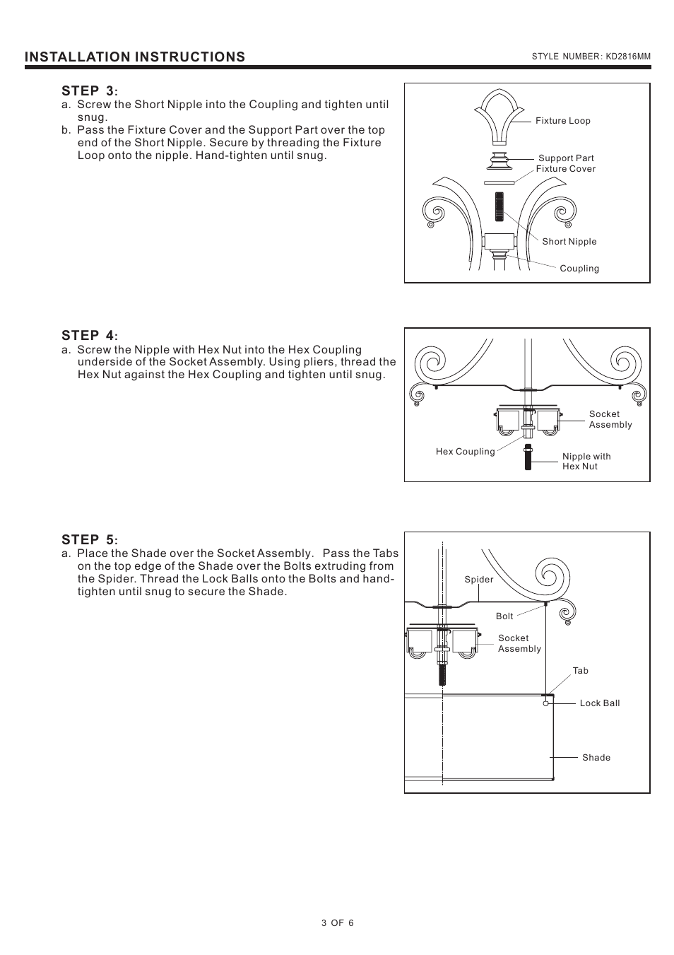 Installation instructions, Step 3, Step 4 | Step 5 | Quoizel KD2816MM Kendra User Manual | Page 3 / 6