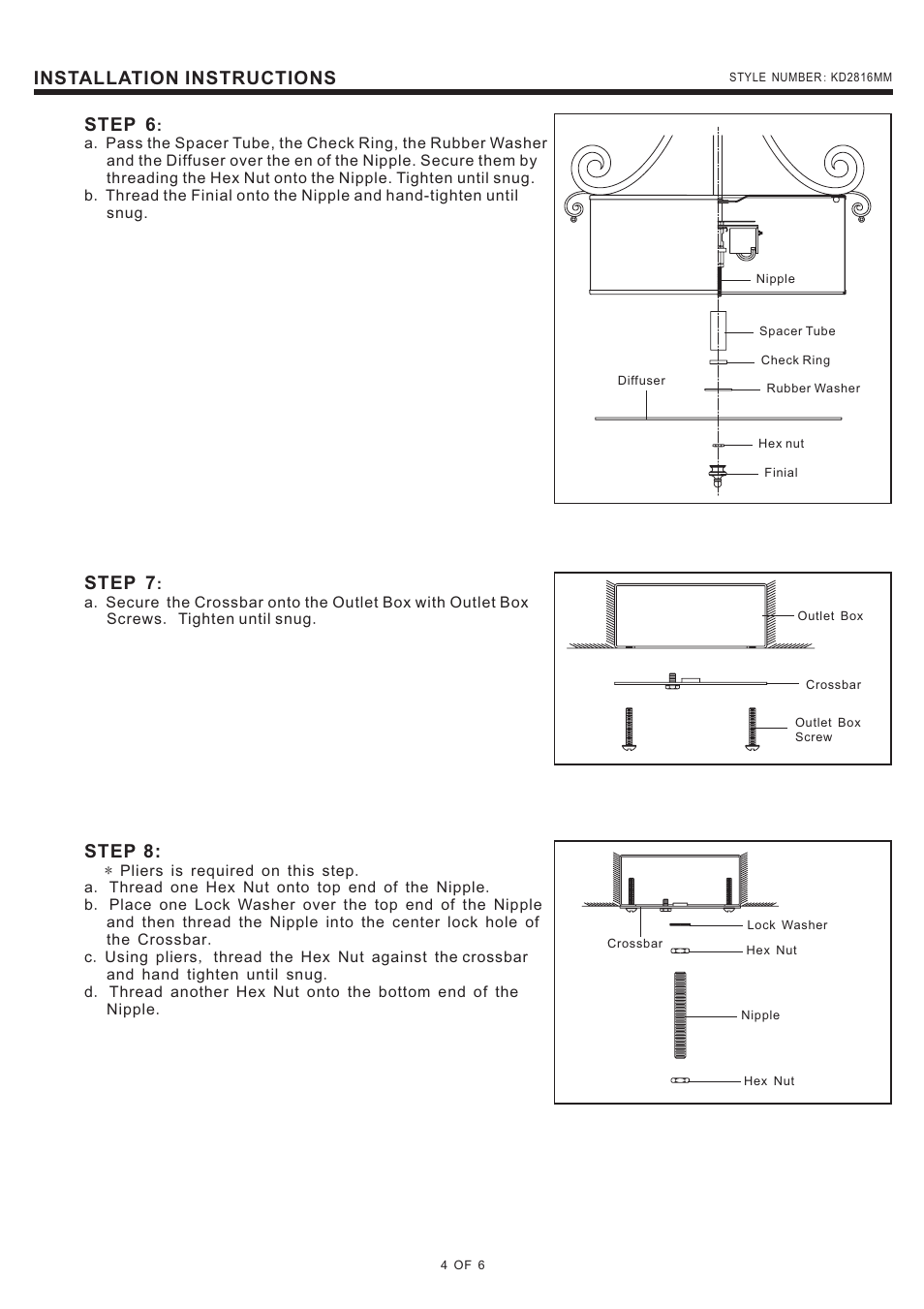 Installation instructions, Step 6, Step 7 | Step 8 | Quoizel KD2816MM Kendra User Manual | Page 4 / 6