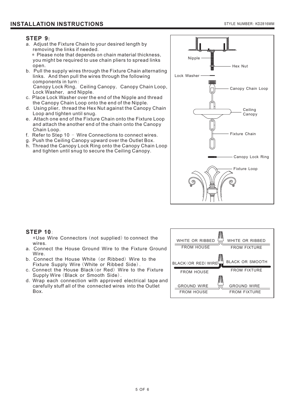 Installation instructions step 9, Step 10 | Quoizel KD2816MM Kendra User Manual | Page 5 / 6