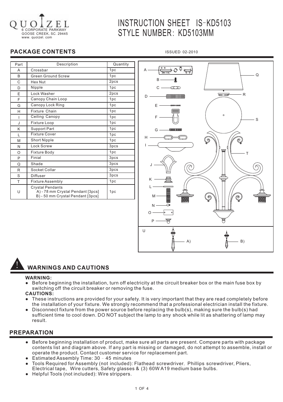 Quoizel KD5103MM Kendra User Manual | 4 pages