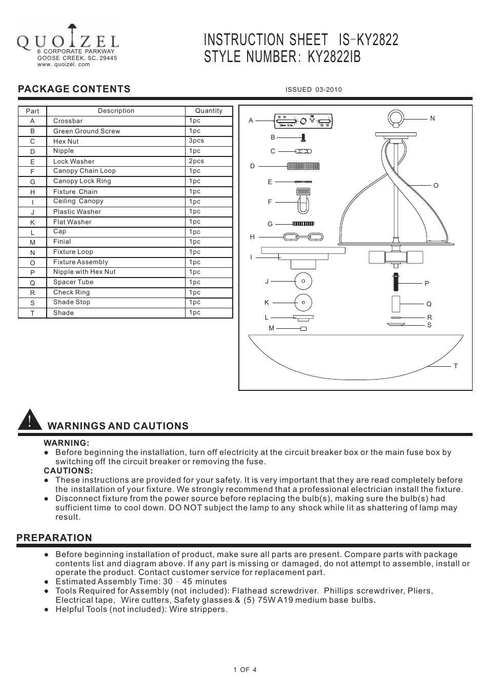 Quoizel KY2822IB Kyle User Manual | 4 pages