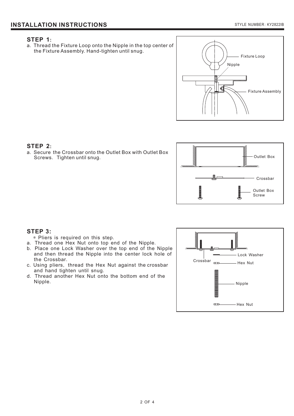 Installation instructions step 1, Step 2, Step 3 | Quoizel KY2822IB Kyle User Manual | Page 2 / 4