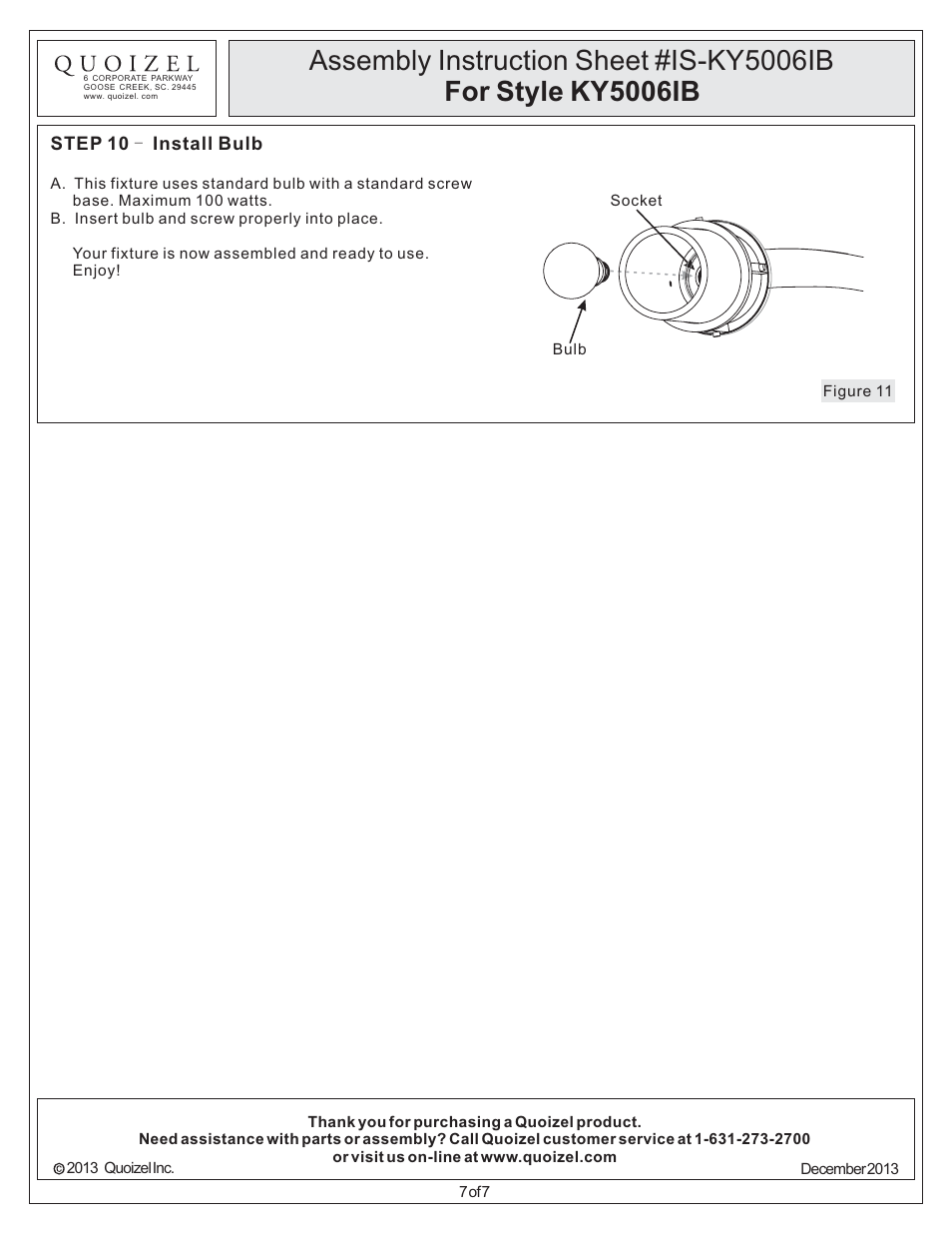 Quoizel KY5006IB Kyle User Manual | Page 7 / 7